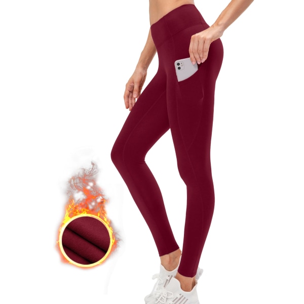 Fleeceforede termiske leggings Damer Bløde Elastiske Vinter Varme Gym Leggings til kvinder Højtaljede Mavekontrol Yogabukser med lommer, S,rød red S