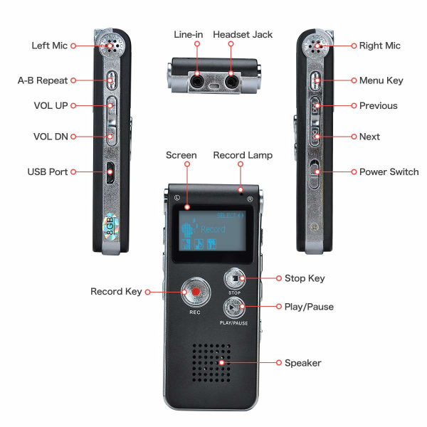 Bärbar digital röstinspelare Ljudljudinspelare Diktafon LCD-inspelare  MP3-spelare-8GB (svart) 8663 | Fyndiq