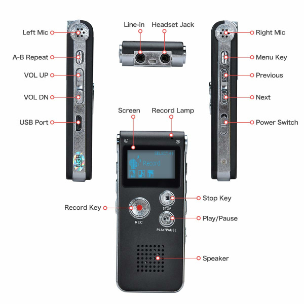 Kannettava digitaalinen ääninauhuri Ääninauhuri Diktaattori LCD-nauhoitin MP3-soitin - 8 Gt (musta)