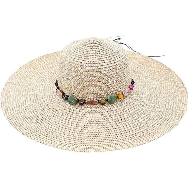 Dam bredbrättad stråhatt hopfällbar solhatt UPF 50+ (Beige)