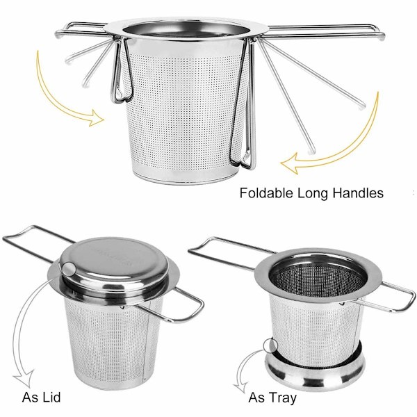 Teinfuser, 304 rustfrit stål tesi, med låg og sammenklappeligt håndtag, tefilter til tekande kopper krus til brygning af løs te, 1 pakke