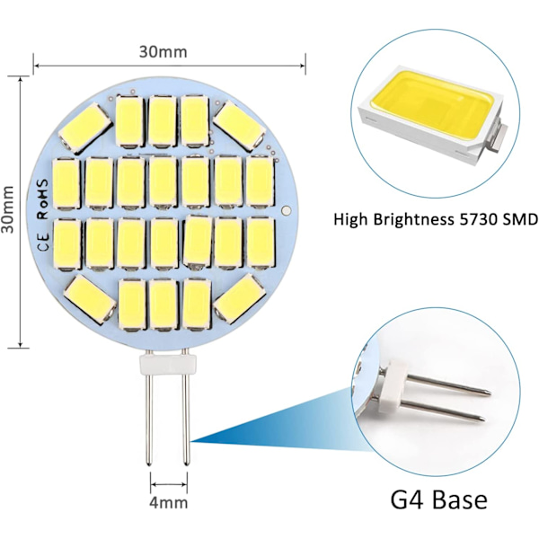 G4 LED 3W, AC12-24V, 300LM Kallt vitt 6000K, 24x5730 SMD 6-pack
