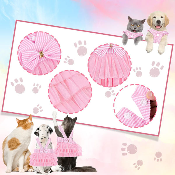 Hundklänning, valp kattunge rosett randig mesh väst (M, rosa)