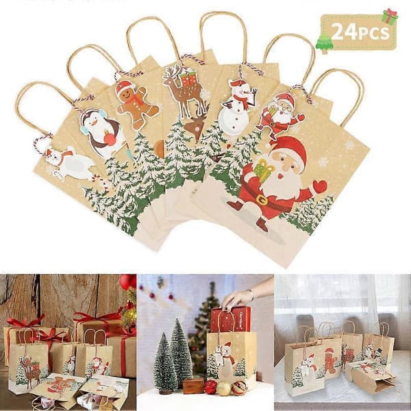 Julklappspåsar, 24 st Kraft Julklappspåsar, Julklappspåsar för Julgodisgåvor