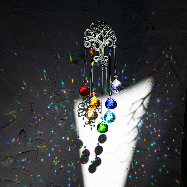 Krystall solfanger Chakra farger ball prisme, Glass livets tre solfanger for vindu, Hengende ornament regnbue anheng