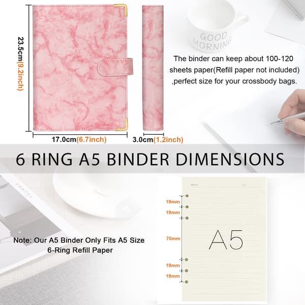 Läder A6-pärm 6 runda ringpärmar Planner Notebook Cover för A5-fyllpapper (inre papper ingår ej) Marmorrosa