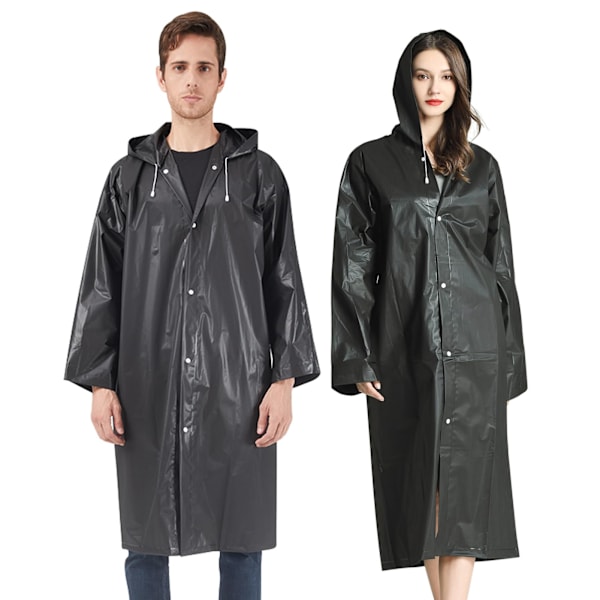 EVA Regnponcho för Vuxna, 2-Pack Återanvändbara Regnrockar med Huvor och Ärmar Lätt Regnjacka, Svart black
