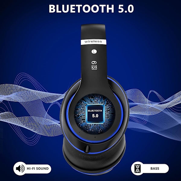 Bluetooth-hodetelefoner over øret, med HD-mikrofon, FM, Tf for PC black blue