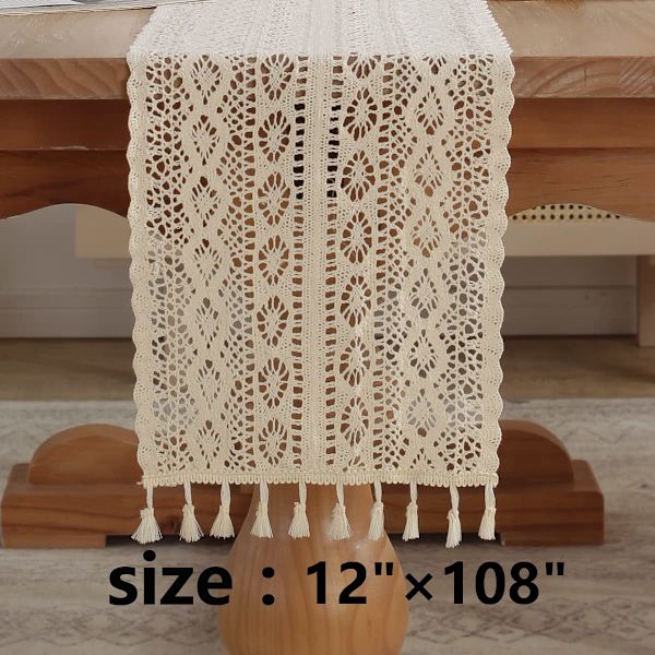 Boho bordslöpare, flätad vintage bondgård bordslöpare Macrame vävd rustik bordsduk dekoration med handgjorda tofsar (Beige, 24x140cm)