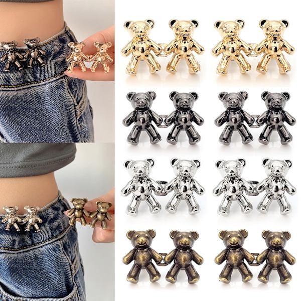 8 par jeansknappnålar, ingen söm byxmidja åtstramning jeansknappar för lösa jeans, justerbart och återanvändbart midjespänne, söt björn byxklipp