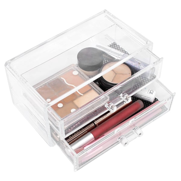 Makeup Organizer med 2 lådor, genomskinlig akrylförvaringslåda för smink, tillbehör, smycken och mer, Sminkbordsorganisator case