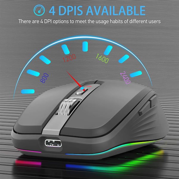 2.4G+BT5.1 Trådløs mus med dobbel modus, ergonomisk design, 4-trinns justerbar DPI, innebygd oppladbar batteri for bærbar PC black