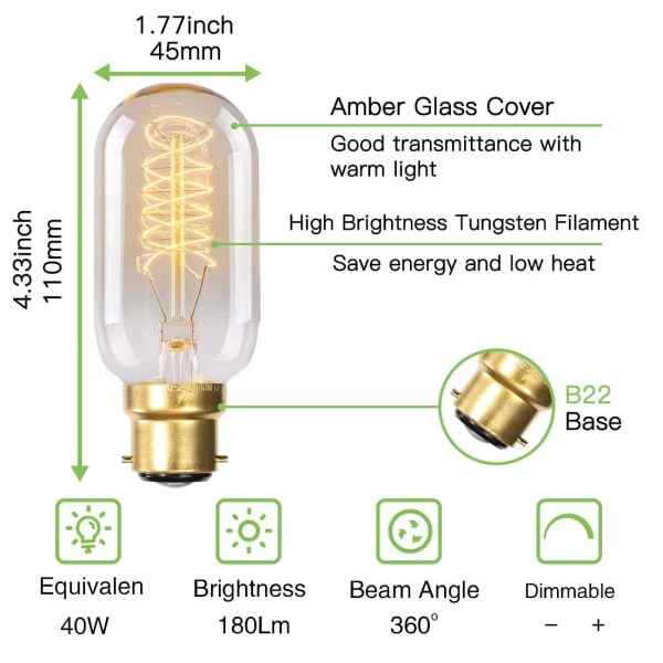 Himmennettävä Vintage Edison -lamppu T45 40W 220V, 6 kpl