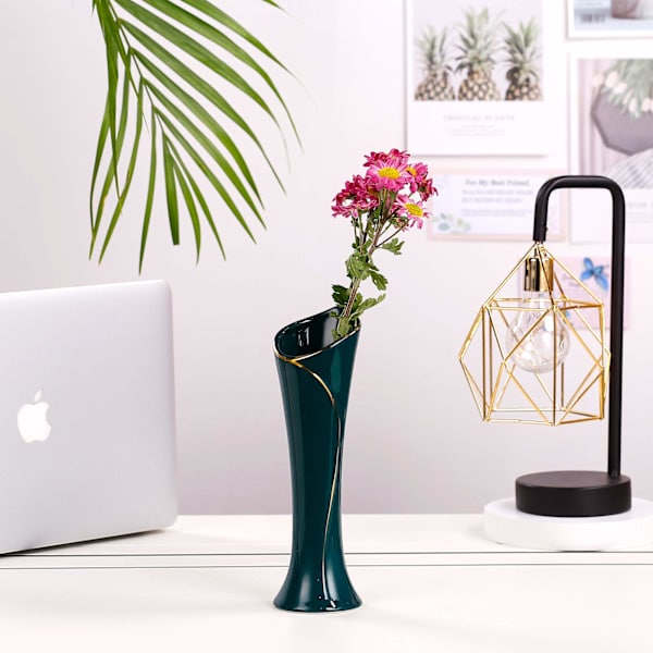 Blomvas Set om 2, Torr och Våt Blomsterarrangemang Behållare Elegant Heminredning Keramisk Vas med Svanhalsform, Grön