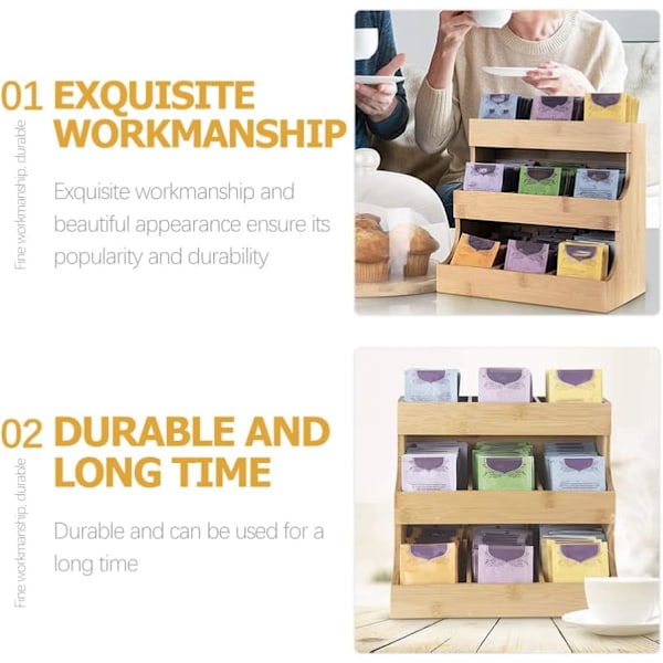 Tehposeholder i tre - 3-lags teboks-organisator, naturlig massivt tre, te pose organiser for oppbevaring av teposer, kaffekapsler, sukkerpakker