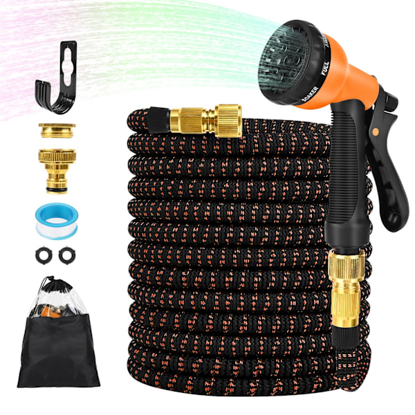 30m/98ft Udvidelig haveslange, fleksibel, med 8-funktions sprøjtepistol og 1/2\" og 3/4\" adaptere til vanding, orange