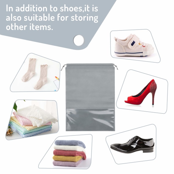 15 kpl matkakenkälaukku, suuret ei-kudotut kiristysnyörillä varustetut kenkien säilytyslaukut, joissa on läpinäkyvä aukko miehille ja naisille (vaaleanharmaa)