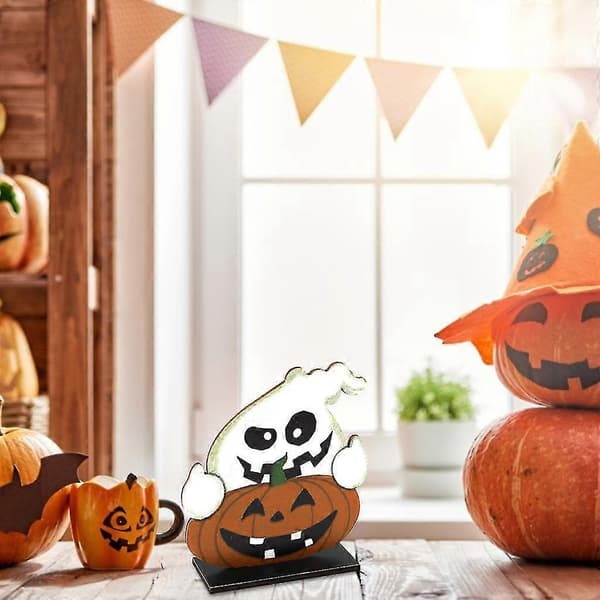 Tecknad leende pumpa spöke träskylt med bas Halloween bordsdekoration hyllplan fest skrivbord topper prydnad