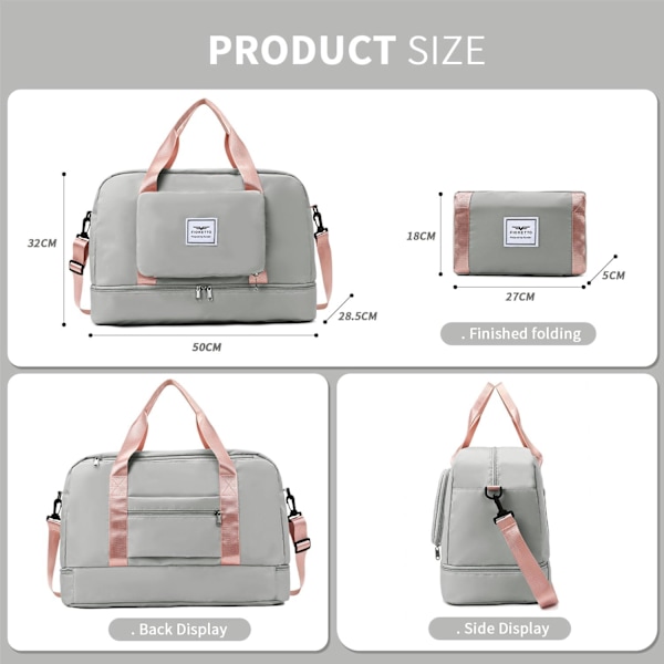Sammenleggbar Weekend Bag Overnatting Sykehus Bag med Skoskuff og Våt Lomme, Vannbestandig Gym Duffel Bag for Reise Holdall for Kvinner Menn grey pink