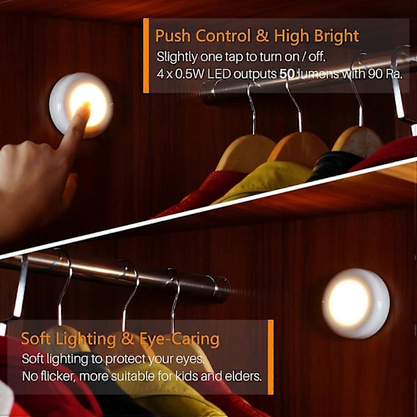 6 st Trycklampa Trycklampor Mini Touch Press Spot Lights Bärbara LED-lampor för inomhusbruk Batteridrivna Pucklampor för underskåp Warm White