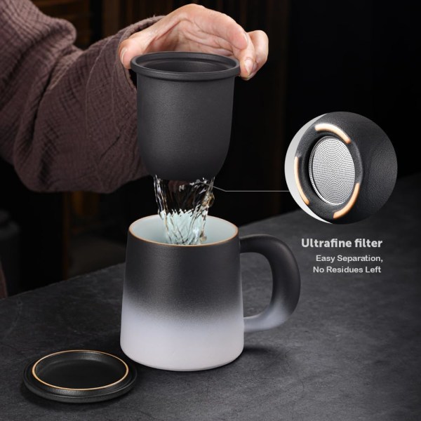 Teinfusermugg med sil och lock, 420 ml (full kapacitet) Keramisk kopp Stor tekopp med teinfuser i rostfritt stål för löst te, vit och svart black/white