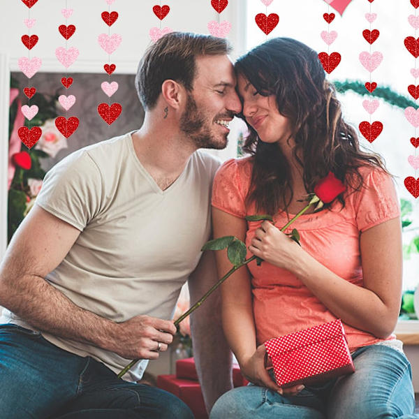 Rød og lyserød hjerteguirlande til Valentinsdag, Valentinsdag papir hjerteguirlande fest hængende dekoration, glitter hjerteguirlande banner