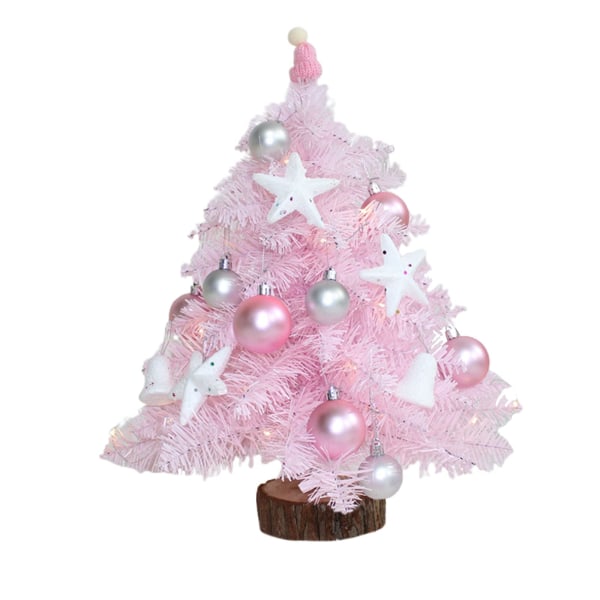 Bordsskiva julgran, mini rosa julgran liten konstgjord julgran med led-ljus och glitterbollar julgran för juldekoration, 45cm