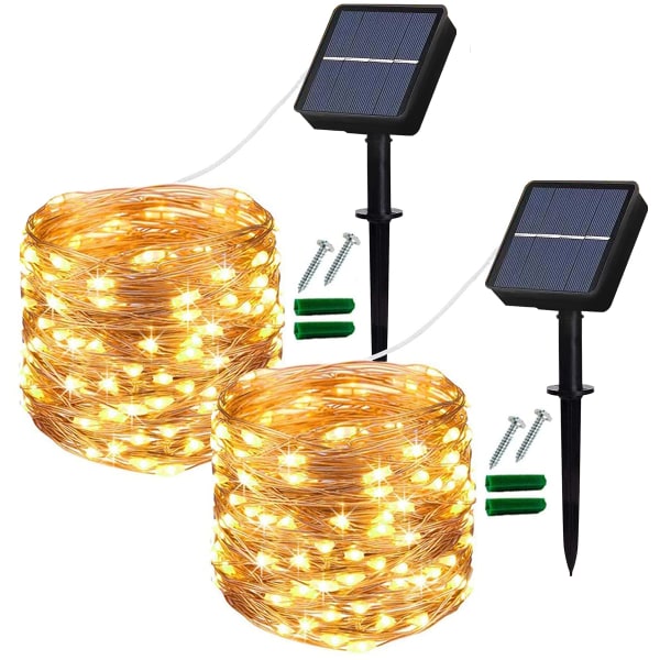 Solcelledrivne lysslynger utendørs, 2-pakning 100 LED vanntett 12M 8 moduser