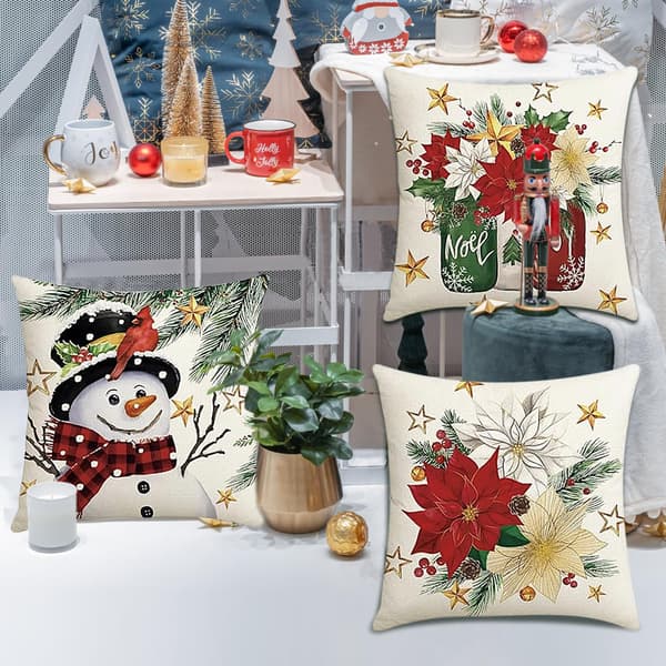 Jul Kuddfodral, Set med 4 Snögubbe Jul Kuddfodral, Julkudde, Soffdekorationskudde, Vinterdekoration för Soffa, Vardagsrum