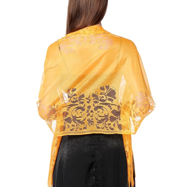 Blomstertørklæde med blonder til kvinder med kvaster, blødt mesh-frynser til bryllupsaftenfestkjoler, gul yellow