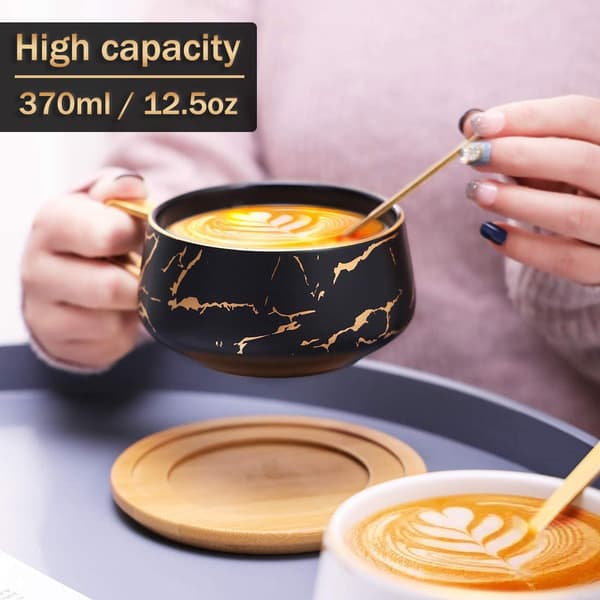 Pieces Cappuccino Koppar med Fat, Marmor Kopp, 300ml Porslin Espresso Koppar för Te Kaffe Cappuccino, Kaffe Koppar med Träbricka (Svart*2)