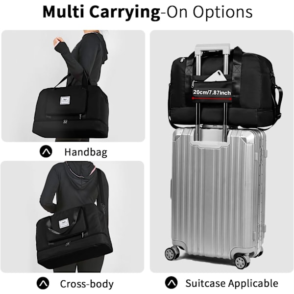 Sammenleggbar Weekend Bag Overnatting Sykehus Bag med Skokompartiment & Våt Lomme, Vannbestandig Gym Duffel Bag for Reise Holdall for Kvinner Menn black