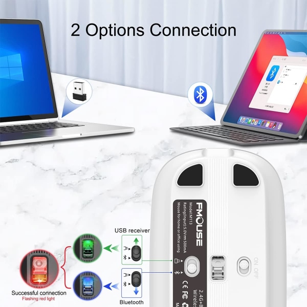 Bluetooth-mus for bærbar PC, slank og stille trådløs reisemus USB C oppladbar 2400 DPI Dual Mode med USB-mottaker silver