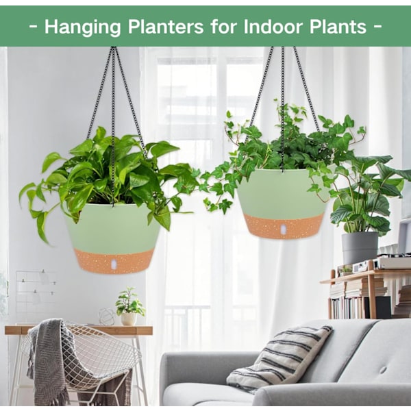 2-pack 20 cm Diameter Hängande Planteringskrukor Inomhus Utomhus med Dräneringshål och 3 Krokar för Trädgård och Hem (Grön)
