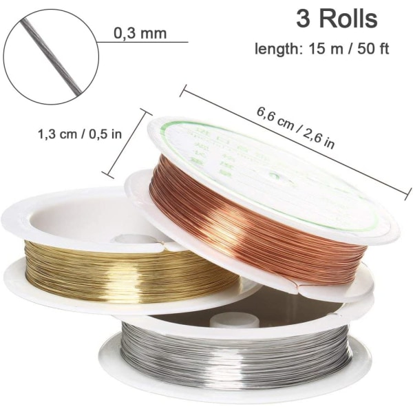 Smycketråd, 0,3 mm, guld, silver, koppar, 3 rullar（15m*3 mm）