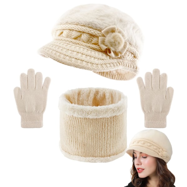 3 stykker hattetørklæde og -handskersæt Vintervarme kvinder Slouchy strikket blomsterhuehue med visir Fleecehatte og halsvarmer tørklæde med handsker