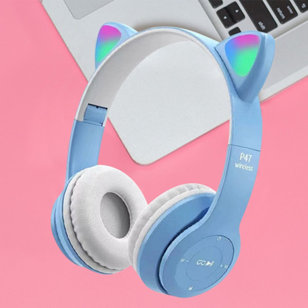 Kattöronhörlurar Trådlöst Gaming Headset med Stereo Bas Inbyggd Mikrofon & Anpassningsbar Belysning och Effekt (blå+vit) blue+white