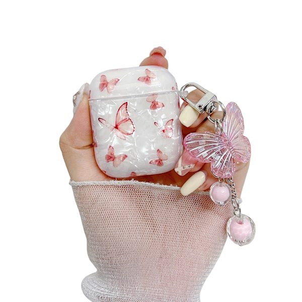 Kompatibel med AirPods 1&2 Etui for Kvinner Jenter, Søt Rosa Sommerfugl Skall Design Myk TPU Etui med Nøkkelring Anti-støv Støtsikker Beskyttende Deksel