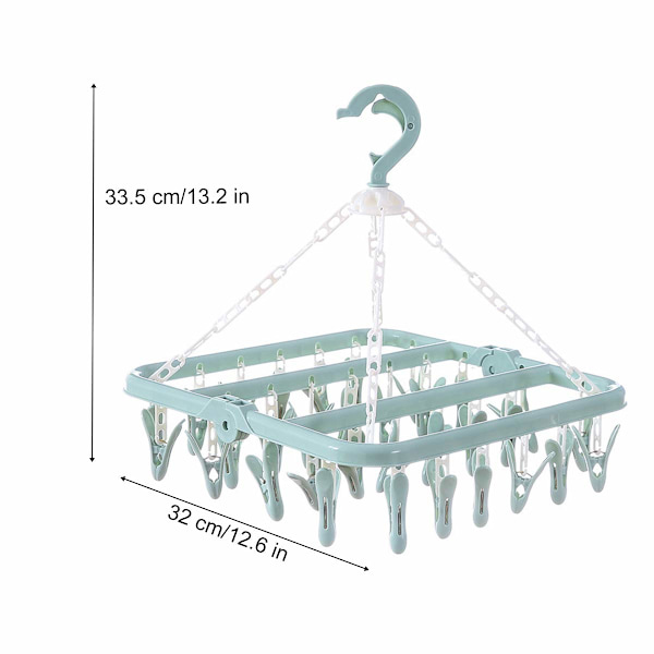 32 Peg Foldable Sokketøj med Klemmer, Drejelig Krog (Grøn)