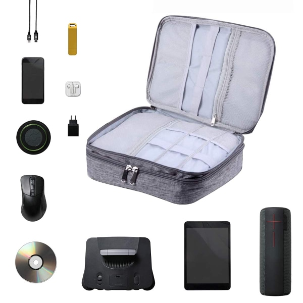 Reisekabelarrangørveske, 3-lags universell vanntett bærbar arrangørveske for kabeltråder Ladere Mus Hard Driver USB-disk (grå)