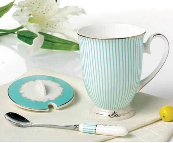Tech Euro Style Porslin Te-kopp Kaffe Mugg med Lock för Frukost Hem Kök ((Ränder Mönster) (Cyan)) C