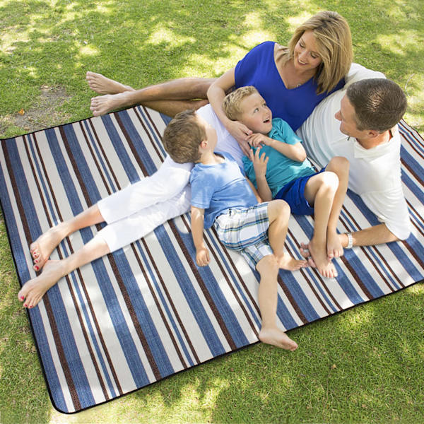 Piknikteppe, 200 x 200 cm utendørs bærbar strandteppe, 3 lag vanntett piknikteppe for familie, park, fotturer, camping, trefargede striper