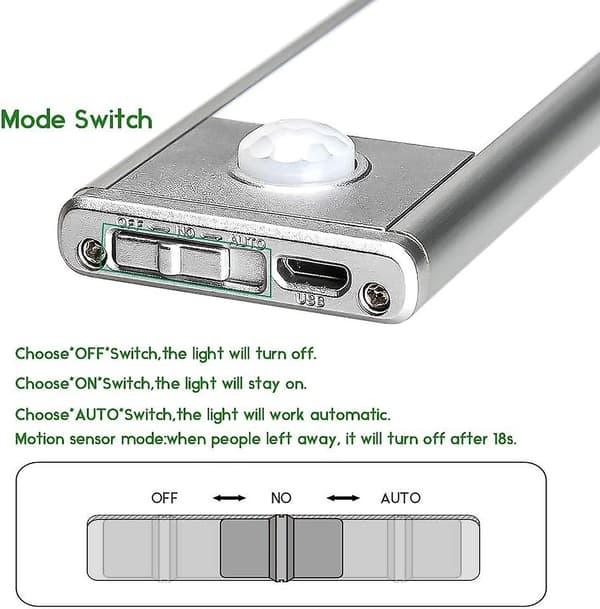 Led skaplys, bevegelsessensor, trådløs USB-lading magnetisk (6000k, 40cm)