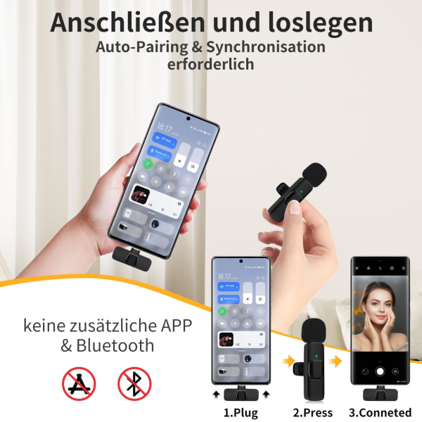 Trådløs Bluetooth-mikrofon for mobiltelefon, minikrofon for videoopptak, YouTube-strømming/vlog, støyreduksjon (USB-C med 1 mikrofon)