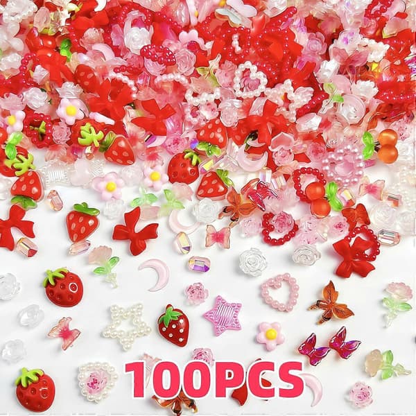100 stk. 3D Jordbær Blomst Neglepynt Kirsebær Rose Kamelia Sommerfugl Negl