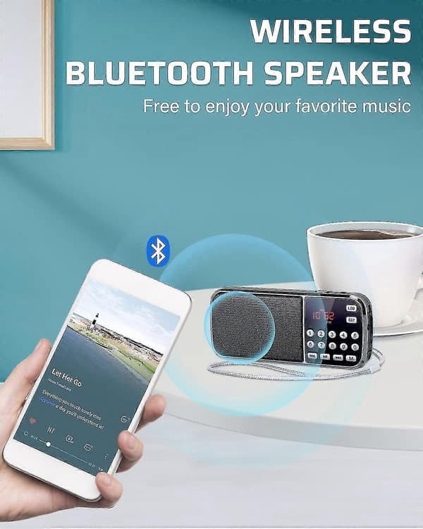 Kannettava Bluetooth-radio LED-taskulampulla, ladattava akku