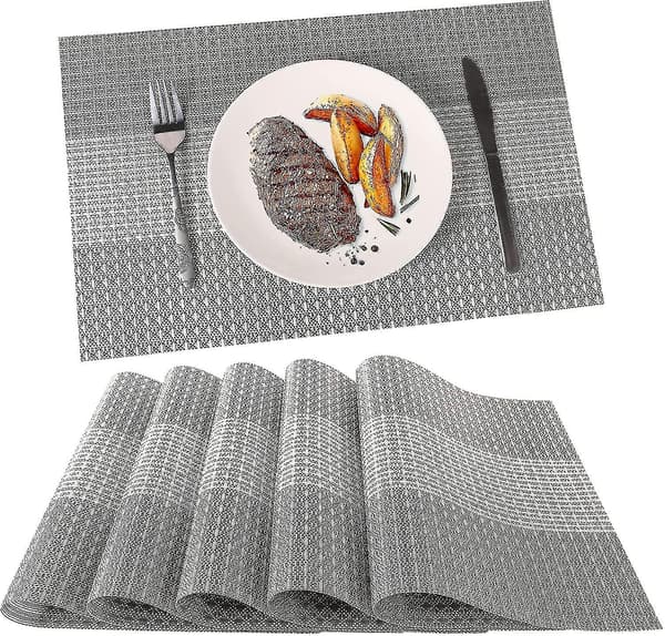 Set med 6 tvättbara PVC-plastunderlägg (glittergrå)
