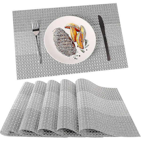 Sett med 6 vaskbare PVC-plastbrikker (glitter grå)