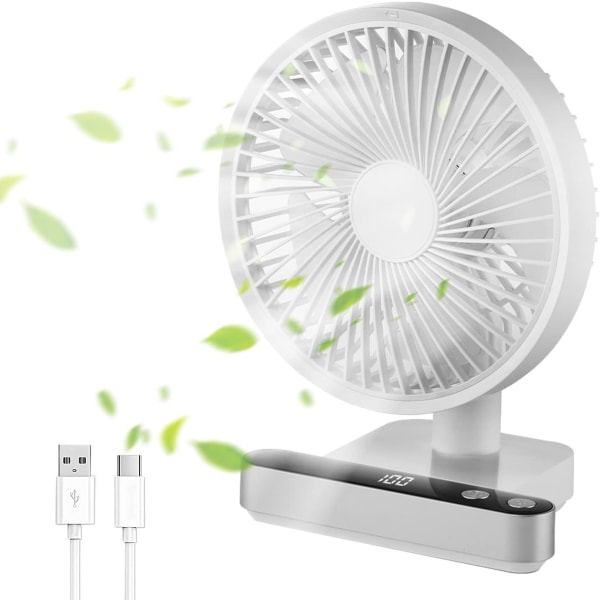 USB skrivebordsblæser, 5000 mAh genopladelig desktop 4 hastigheder Power Display Lydløs fans til at sove, 120° rotation Oscillerende Stille Stærk Airflow Fan Hjem