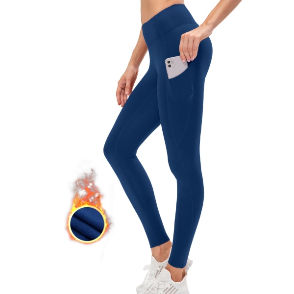Fleeceforede termiske leggings til kvinder Bløde elastiske vintervarme gymleggings til kvinder Højtaljede mavekontrol yogabukser med lommer, L navy blue L